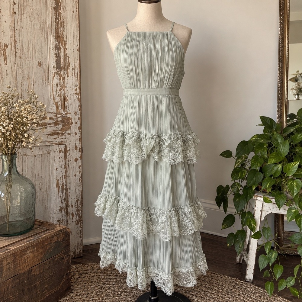 Lulus Sage Green Pleated Lace Tiered Midi Dress XXL High Neck Wedding Guest